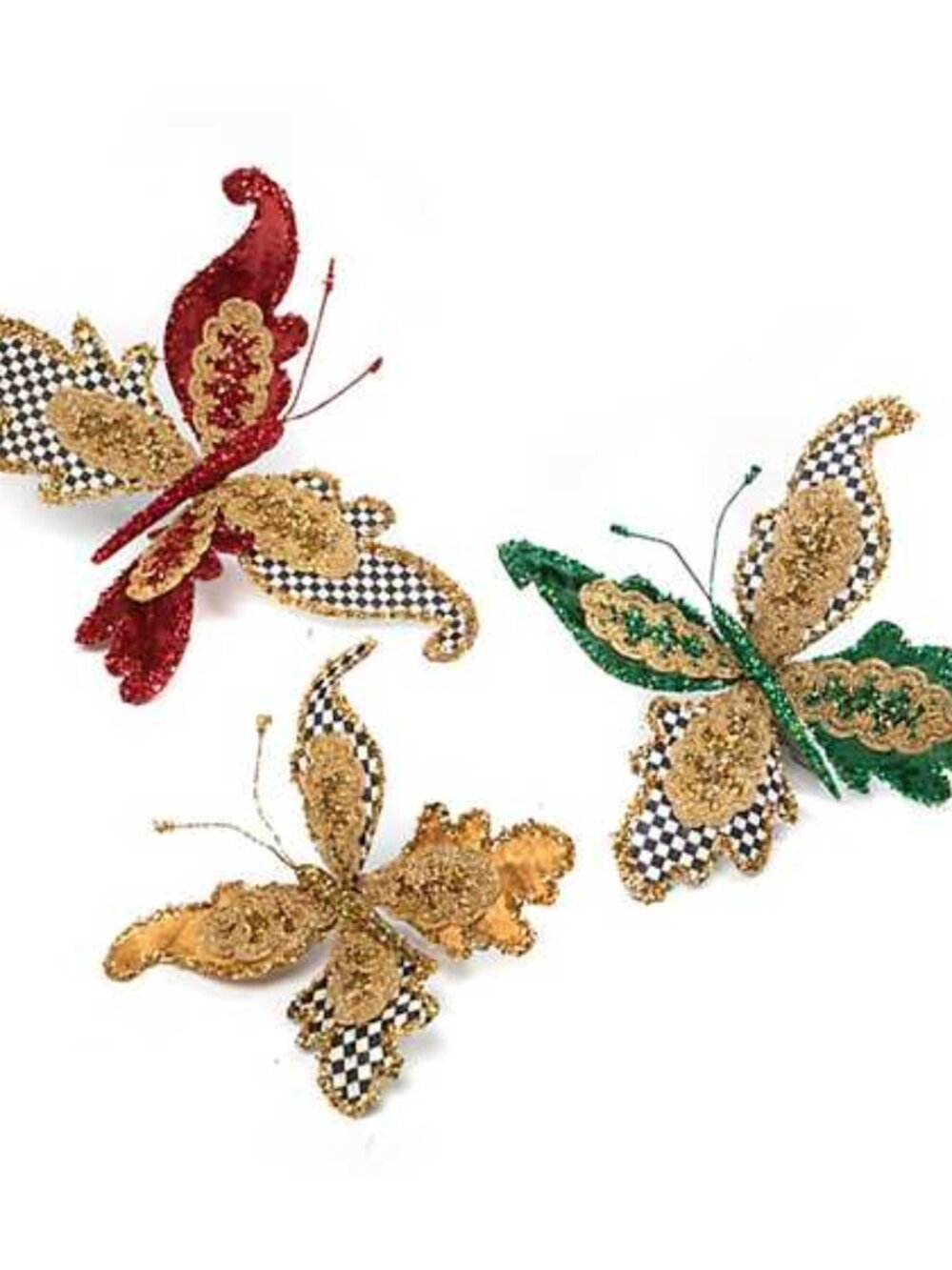 MacKenzie Childs Christmas Magic Butterflies Clips Lot/Set Of 3 Courtly Check